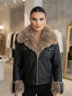 Μαύρο Δερμάτινο Look Jacket με Γούνινη Επένδυση & Αποσπώμενο Γούνινο Μπεζ Γιακά