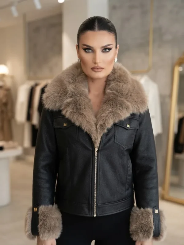 Μαύρο Δερμάτινο Look Jacket με Γούνινη Επένδυση & Αποσπώμενο Γούνινο Μπεζ Γιακά
