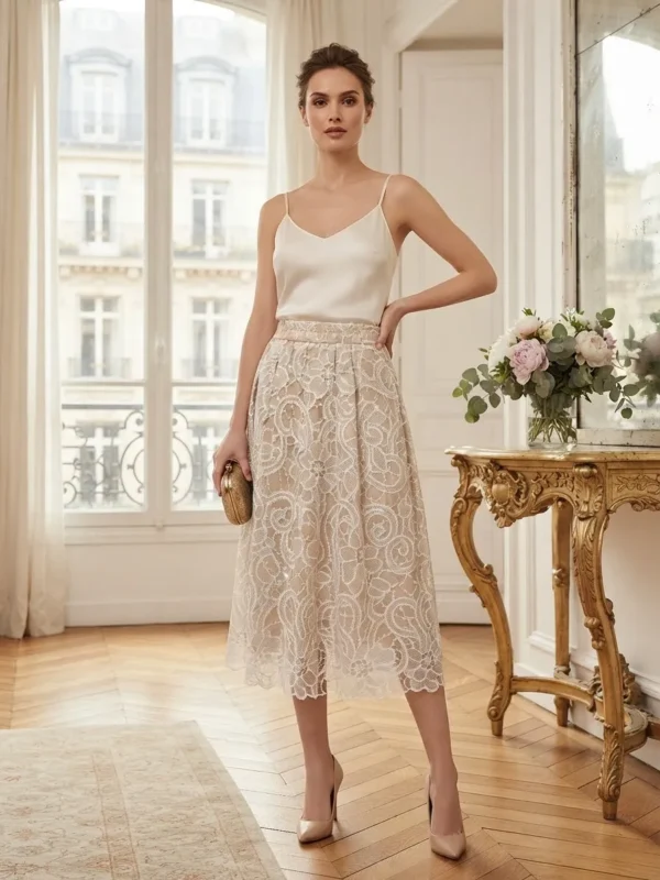 Midi Δαντελένια Φούστα Α-Line με Κεντημένες Λεπτομέρειες & Εσωτερική Επένδυση