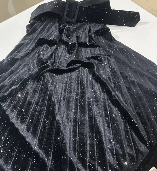 Μαύρη Midi Βελούδινη Πλισέ Φούστα με Παγιέτες & Glitter Λάμψη