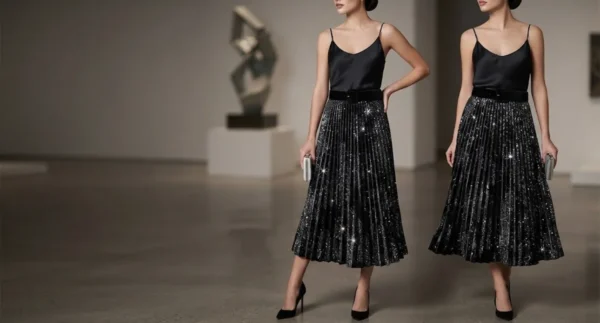 Μαύρη Midi Βελούδινη Πλισέ Φούστα με Παγιέτες & Glitter Λάμψη