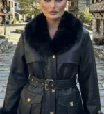 Γυναικείο Μαύρο Faux Δερμάτινο Μπουφάν με Γούνινο Γιακά, Ζώνη & Τσέπες